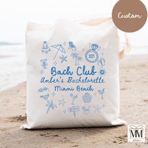 Custom Beach Bachelorette Tote Bag, Beach Bach Bachelorette Party Favor, Blue Beach Bride Gift Bag, Bridesmaid Gift Tote, Bach Club Bag