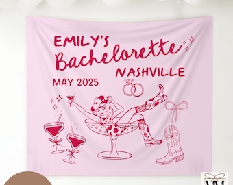 May include: Pink bachelorette party banner with the text "Emily's Bachelorette Nashville May 2025" in red. The banner features a cartoon illustration of a woman in a cowboy hat and boots holding a martini glass.