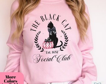 Black Cat Social Club Pink Halloween Sweatshirt, Womens Halloween Sweater, Coquette Halloween Shirt, 1692 Witchy Sweater, Pink Pumpkin Shirt
