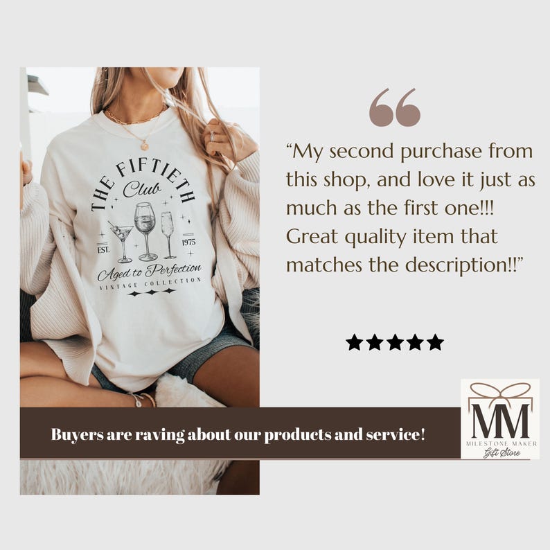 May include: Cream-colored sweatshirt with the text "THE FIFTIETH CLUB" and a vintage design of cocktail glasses. The words "Aged to Perfection" and "Vintage Collection" are also printed on the shirt. The image also includes customer reviews.