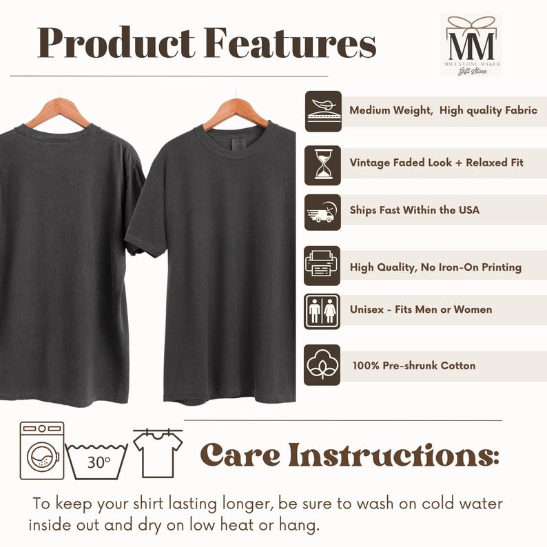 May include: Two charcoal gray t-shirts hanging on wooden hangers. The image includes text that reads "Product Features" and "Care Instructions". Additional text highlights features like medium weight fabric, vintage look, and unisex fit.