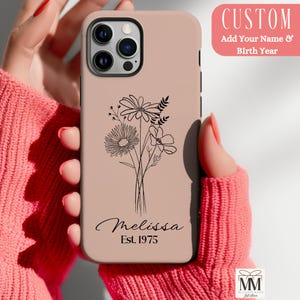 Pink Personalized Wildflower iPhone Case, Custom Name Case for Apple iPhone 16 15 14 13 12 11 Pro Max Mini, Floral Phone Case, 50th Gift Her