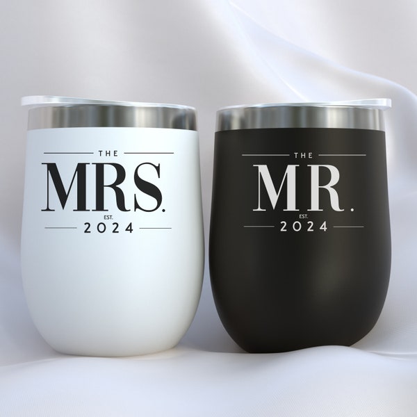 Bride and Groom Wine Tumblers, Wedding Gift for Couple, Matching Mr and Mrs Est Tumbler, Wedding Wine Tumbler, Engagement Gift for Couple