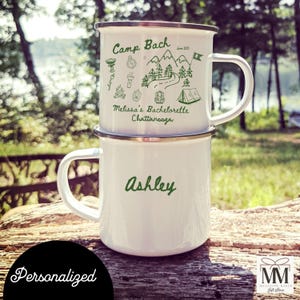 Custom Camp Bachelorette Enamel Mug with Name, Camping Theme Bachelorette Party, Lake Tahoe Bach Club, Campfire Cup Lake Bridal Party Favor
