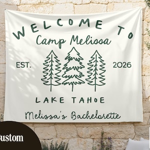 Custom Camp Bach Tapestry, Lake Tahoe Bachelorette Backdrop, Outdoor Bridal Party Banner, Camping Birthday Sign