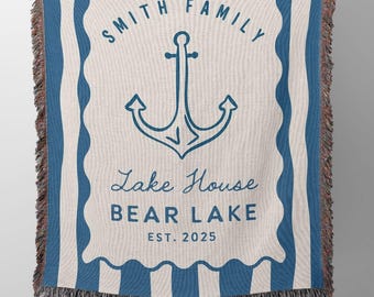 Custom Nautical Boating Woven Blanket, Lake House Housewarming Christmas Gift, Family Name Cottage Fringe Blanket,  Lake House Decor