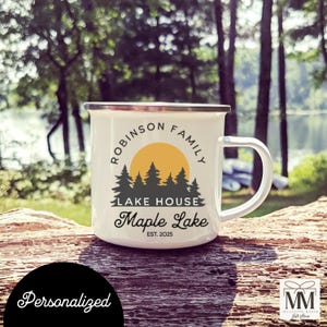 Custom Lake House Enamel Coffee Mug, Personalized Cottage Gift, House Warming Gift for New Cabin, Lake House Home Decor, Camp Hostess Gift