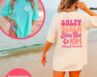 Salty Beach Personalized Beach Trip Shirt for Girls Trip, Comfort Colors Retro Beach TShirt for Beach Bachelorette, Summer Vacation T-Shirt