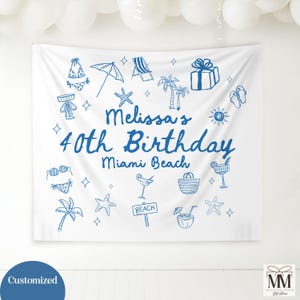 Custom Beach Birthday Banner, Birthday Party Decor, 30th Birthday Party Tapestry, Personalized Location Girls Weekend Photo Backdrop Sign