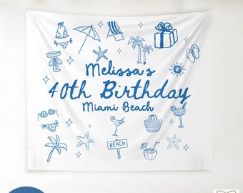 Custom Beach Birthday Banner, Birthday Party Decor, 30th Birthday Party Tapestry, Personalized Location Girls Weekend Photo Backdrop Sign
