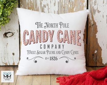 Vintage Christmas Throw Pillow and Cover, Old Fashion Holiday Decor, Christmas Cushion, The North Pole Candy Cane Company, Hostess Gifts Her