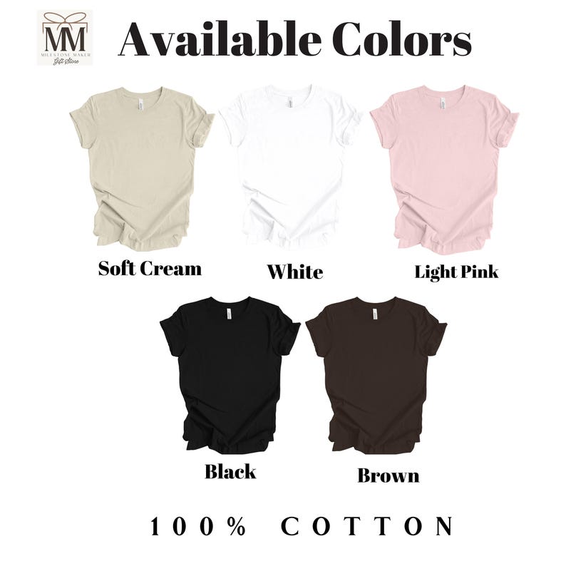 May include: Six different colour t-shirts with ruffled edges. The colours are soft cream, white, light pink, black, brown, and grey. The text "Available Colors" is at the top of the image. The text "100% COTTON" is at the bottom of the image.