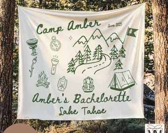 Custom Camping Bachelorette Trip Banner, Camp Bach Party Tapestry, Lake Tahoe Bridal Party Decor, Lake Outdoor Bachelorette Weekend Backdrop