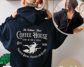 Salem Witches Halloween Zip Up Hoodie, Coffee Lover Witchy Halloween Sweatshirt, Spooky Fall Hooded Sweater, Witch Social Club Full Zip Up