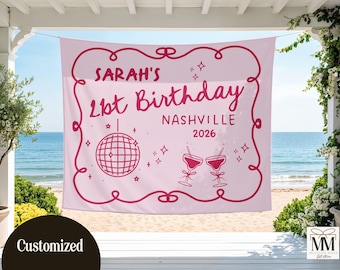 Custom Vegas Birthday Banner Sign, Disco Bday Party Wall Hanging Decor, Personalized Location Photo Backdrop, Cocktail 21st Birthday Sign