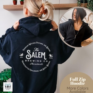 Salem Brewing CO Halloween Zip Hoodie, Witchy Halloween Hooded Sweatshirt, Salem Massachusetts Brewery Fall Sweater, Spooky Season Full Zip