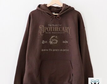 Black Cat Apothecary Halloween Hoodie, Salem Witch Hooded Sweater, Halloween Hoodie, Witch Sweatshirt, Salem Massachusetts, Grunge Fall Top