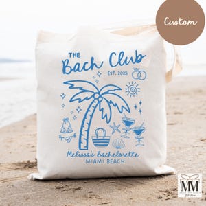 Custom Beach Bachelorette Tote Bag, Beach Bach Bachelorette Party Favor, Blue Beach Bride Gift Bag, Bridesmaid Gift Tote, Bach Club Bag