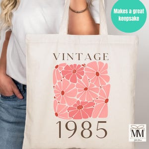 40th Birthday Gift For Women, 1985 Vintage Canvas Tote Bag, Fiftieth Birthday Party Gift Bag, 40th Bday Gift For Her, Flower Aesthetic Tote