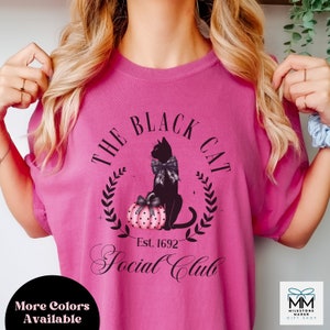 Black Cat Halloween Shirt for Her, Pink Halloween Shirt for Women, Comfort Colors Coquette Halloween T-Shirt, Black Cat Cute Halloween Shirt