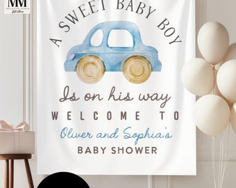 Custom Baby Boy Shower Banner, Blue Rustic Shower Decor Welcome Sign, Personalized Baby Shower Tapestry, New Baby Party Fabric Shower Decor
