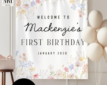 Custom Wildflower Birthday Banner, Girls Watercolor Floral Birthday Welcome Sign, Girls First Birthday Photo Backdrop