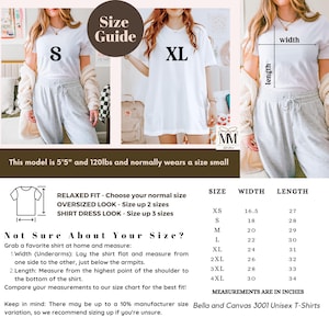 May include: Size guide for unisex t-shirts from Bella and Canvas. The chart shows the width and length measurements in inches for sizes XS to 4XL. The model is wearing a size small t-shirt and a size XL t-shirt. The text "Relaxed Fit", "Oversized Look", and "Shirt Dress Look" are included with instructions on how to size up for each style.