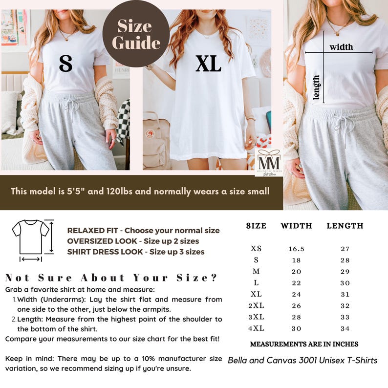 May include: Size guide for unisex t-shirts from Bella and Canvas. The chart shows the width and length measurements in inches for sizes XS to 4XL. The model is wearing a size small t-shirt and a size XL t-shirt. The text "Relaxed Fit", "Oversized Look", and "Shirt Dress Look" are included with instructions on how to size up for each style.