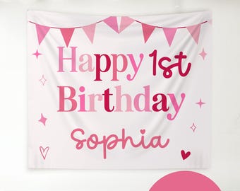 Girls Custom Pink Birthday Banner Sign, Valentine First Bday Party Decor, Toddler Valentines Party Welcome Backdrop