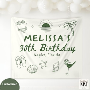 Custom Beach Birthday Banner, Birthday Party Decor, 30th Birthday Party Tapestry, Personalized Location Girls Weekend Photo Backdrop Sign