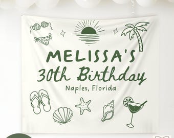 Custom Beach Birthday Banner, Birthday Party Decor, 30th Birthday Party Tapestry, Personalized Location Girls Weekend Photo Backdrop Sign