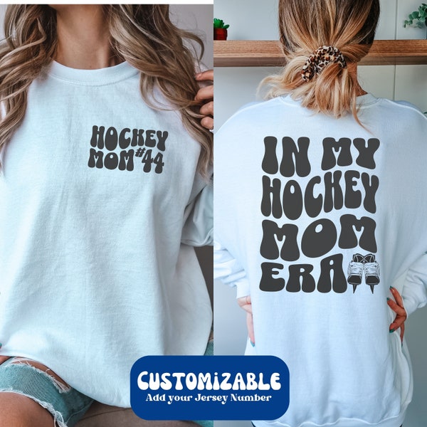 In My Hockey Mom Era Personalized Jersey Number Sweatshirt, Customized Hockey Mom Sweater, Retro Groovy Hockey Mom Gift, Sports Mom Shirt