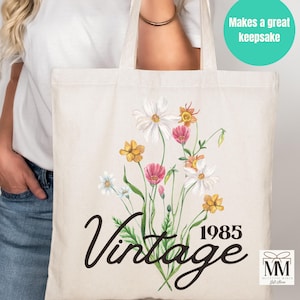 40th Birthday Gift For Women, Wildflower 1985 Vintage Canvas Tote Bag, Vintage Floral Birthday Party Gift Bag, 40th Bday Gift For Her