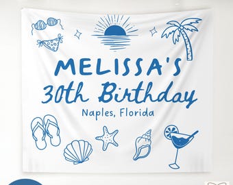 Custom Beach Birthday Banner, Birthday Party Decor, 30th Birthday Party Tapestry, Personalized Location Girls Weekend Photo Backdrop Sign