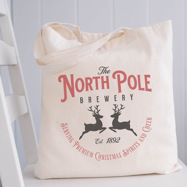 vintage Christmas Tote Bag, Holiday Canvas Gift Bag, Christmas Gift for Her, Xmas Gift, Farm Fresh Winter Tote Bag, The North Pole Brewery