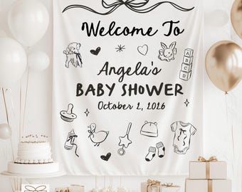 Striscione personalizzato per baby shower, cartello di benvenuto per baby shower disegnato a mano, arazzo personalizzato per baby shower con scarabocchi, decorazione in tessuto per baby shower per la festa del neonato