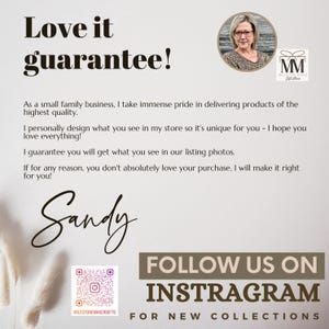 May include: Cream-colored graphic with the text "Love it guarantee!" and "Follow us on Instagram for new collections." Includes a photo of a woman and the signature "Sandy."