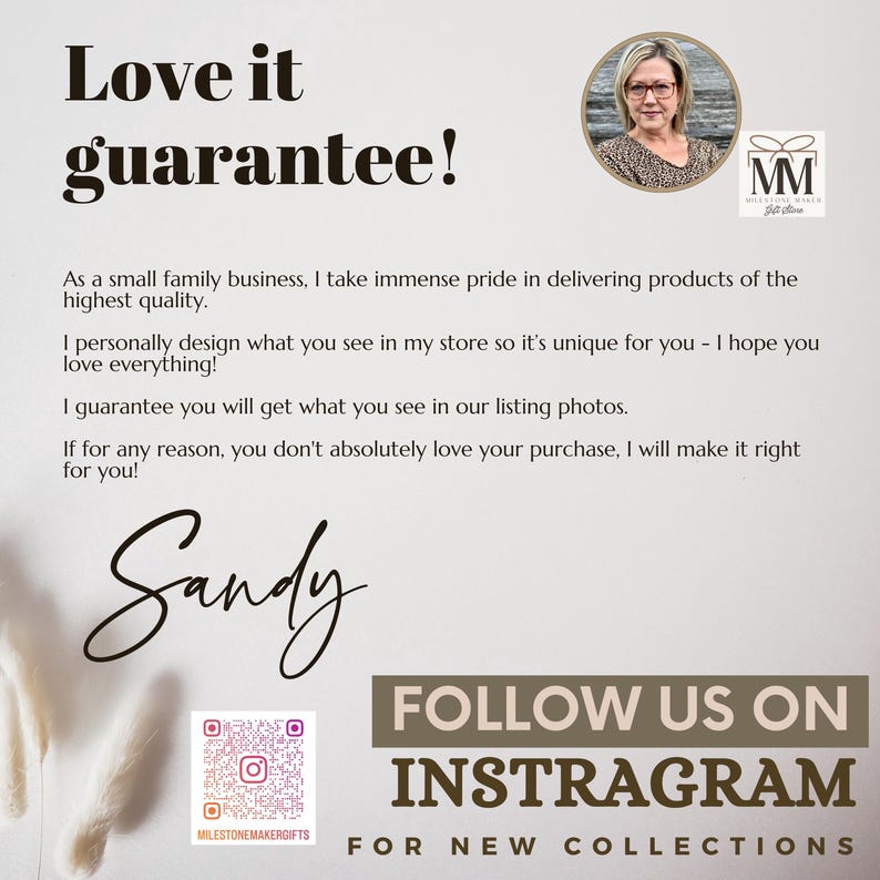 May include: Cream-colored graphic with the text "Love it guarantee!" and "Follow us on Instagram for new collections." Includes a photo of a woman and the signature "Sandy."