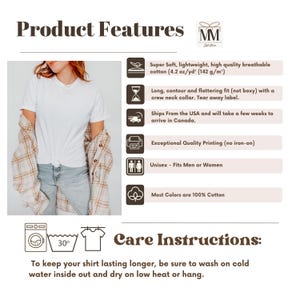 May include: White t-shirt with a crew neck collar and a tear-away label. The t-shirt is made of a soft, breathable cotton fabric. The product description includes details about the fabric weight, fit, and care instructions. The text "Care Instructions" is displayed in a brown box with a white outline.