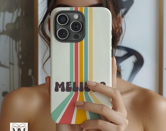 Custom Retro Vintage iPhone Case For Apple iPhone 16, iPhone 15 14 13 12 11 Pro Max, Groovy Stripes Aesthetic Personalized Name Phone Cover
