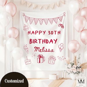 May include: A white banner with the text "HAPPY 30TH BIRTHDAY Melissa" in red, along with festive illustrations. The banner is decorated with pink and white balloons, and a garland. The word "Customized" is at the bottom.