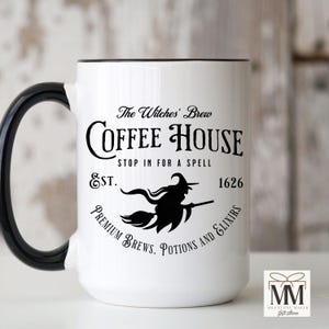 Black Halloween Witchy Mug, Witches Brew Coffee House Mug, Coffee Lovers Halloween Decor, Spooky Fall Coffee Mug Gift, Halloween Lover Gift image 2