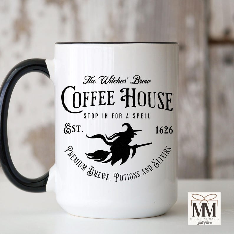 Black Halloween Witchy Mug, Witches Brew Coffee House Mug, Coffee Lovers Halloween Decor, Spooky Fall Coffee Mug Gift, Halloween Lover Gift image 2