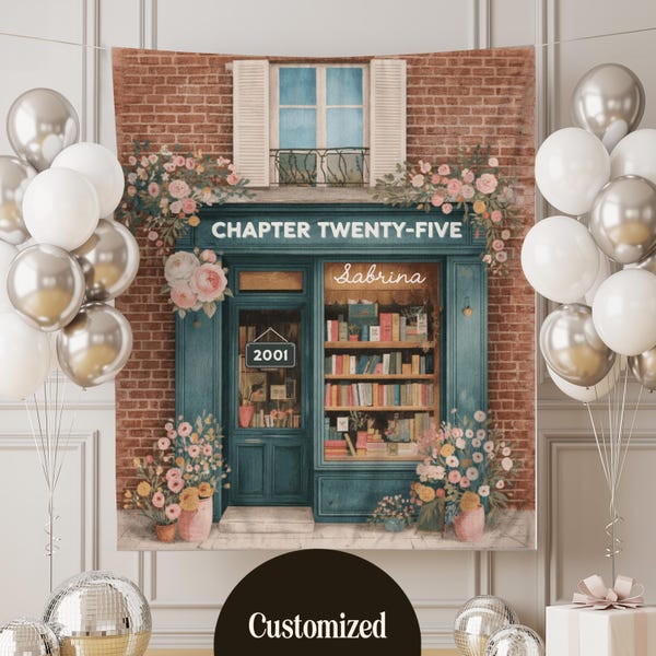 Custom Reading Bookstore Birthday Banner Decor, Chapter Twenty Five, Happy Birthday Party Photo Backdrop