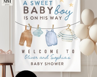 Custom Baby Boy Shower Banner, Blue Rustic Shower Decor Welcome Sign, Personalized Baby Shower Tapestry, New Baby Party Fabric Shower Decor