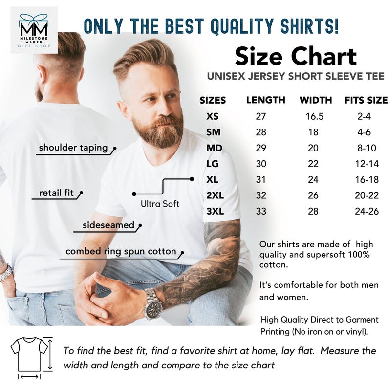 May include: White unisex short sleeve tee shirt with a size chart. The chart lists sizes XS to 3XL with length, width, and fit size measurements. The shirt features shoulder taping, retail fit, and is made of combed ring spun cotton.