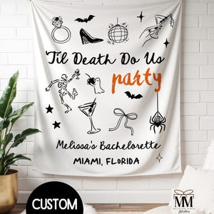 Halloween Bachelorette Banner, Custom Witch Bach Tapestry, Til Death Do Us Party Sign Decor, Doodle Spooky Wedding Party Photo Backdrop