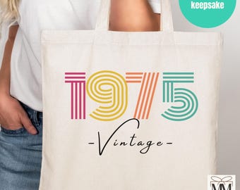50th Birthday Gift For Women, 1975 Vintage Canvas Tote Bag, Fiftieth Birthday Party Gift Bag, 50th Bday Gift For Her
