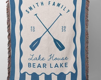 Custom Lake House Woven Blanket Housewarming Christmas Gift, Nautical Boating Family Name Cottage Fringe Blanket, Lake Life Decor
