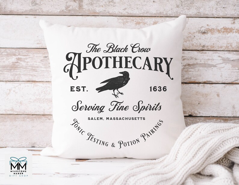 Black Crow Apothecary Halloween Pillow and Insert, Witchy Aesthetic Halloween Home Decoration, Spooky Halloween Lover Gift, Black Crow Gift bild 7